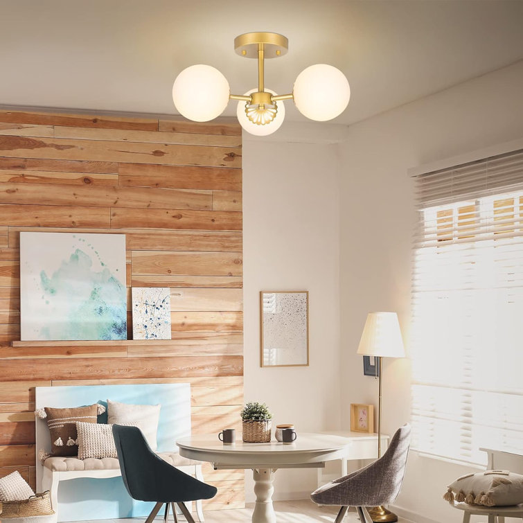 Mid-Century Modern Brass 3-Light Frosted Glass Chandelier