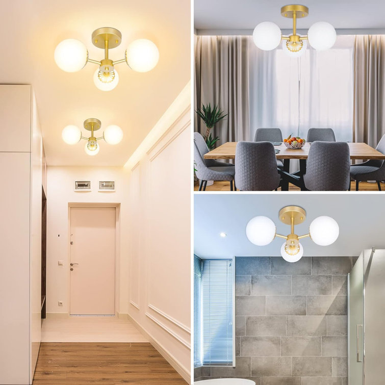 Mid-Century Modern Brass 3-Light Frosted Glass Chandelier