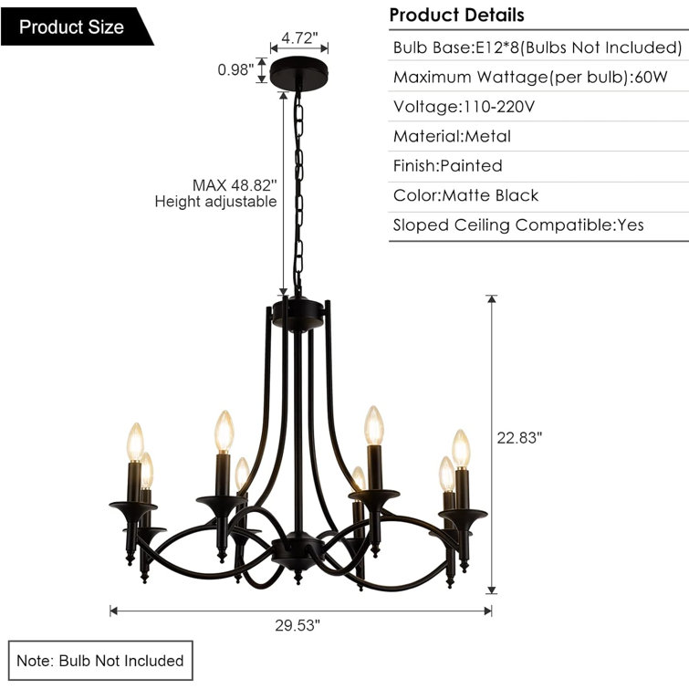 Matte Black 8-Light Industrial Candle Chandelier