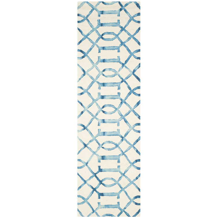 Ivory and Turquoise Hand-Tufted Wool Runner Rug