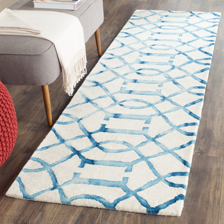 Ivory and Turquoise Hand-Tufted Wool Runner Rug