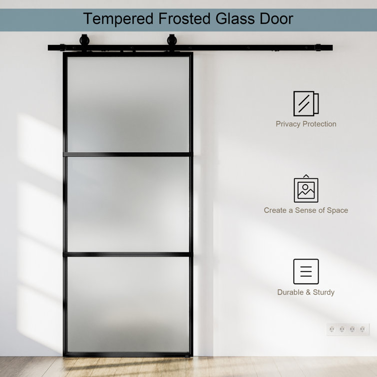 Black Aluminum and Frosted Glass Sliding Barn Door with Installation Kit