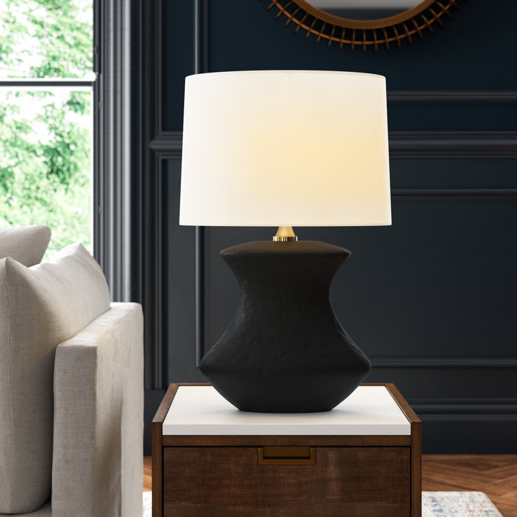 Rough Black Ceramic Table Lamp with White Linen Shade