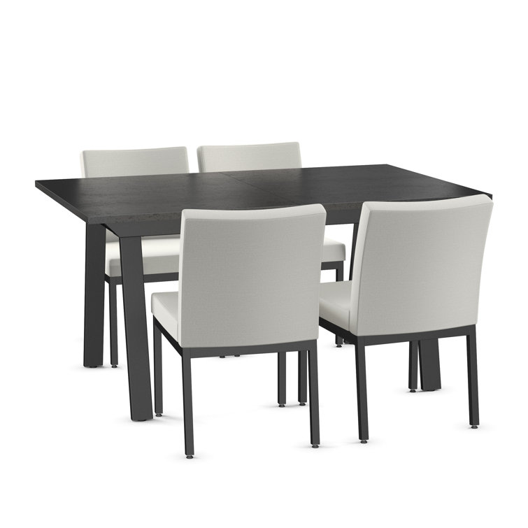 Black Thermofused Laminate Dining Table with Light Gray Chairs