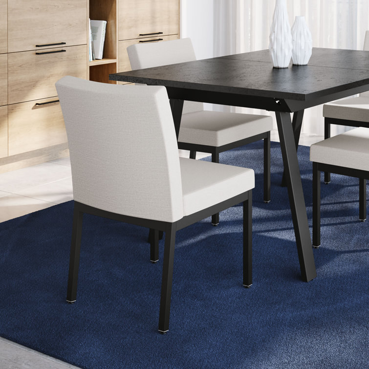 Black Thermofused Laminate Dining Table with Light Gray Chairs