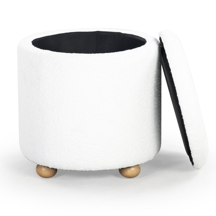Ivory Round Boucle Storage Ottoman with Wooden Legs