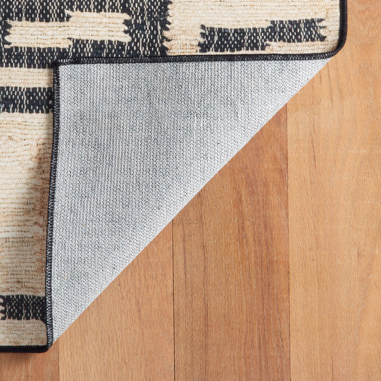 Cassia Natural Beige and Black Machine Washable Rug Runner