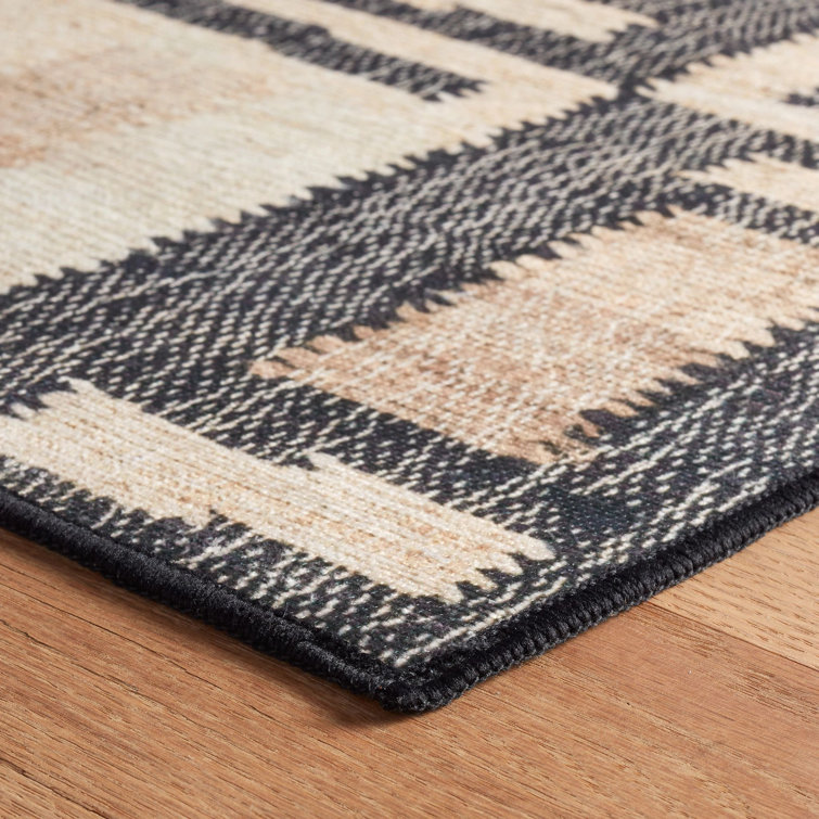 Cassia Natural Beige and Black Machine Washable Rug Runner