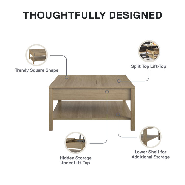 Natural Wood Rectangular Lift-Top Coffee Table with Storage