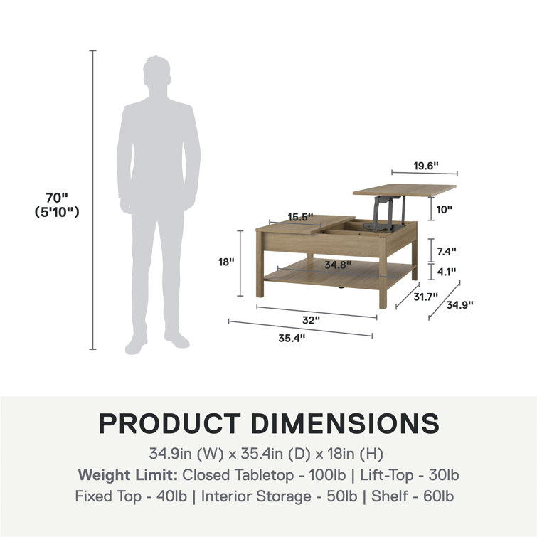 Natural Wood Rectangular Lift-Top Coffee Table with Storage