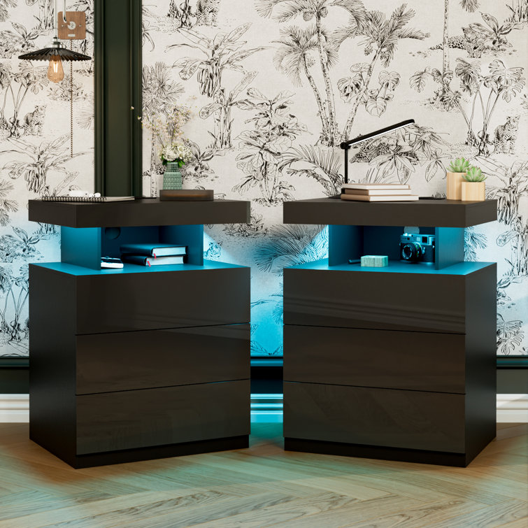 Black High Gloss LED Nightstand with Wireless Charging Station and Drawers
