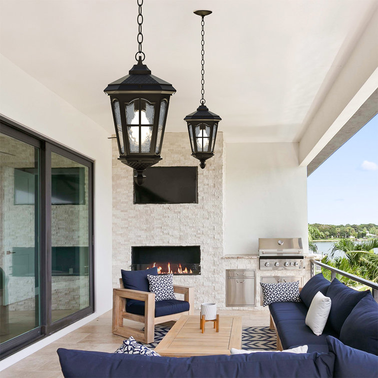 Bentham Matte Black 17" Textured Glass Outdoor Hanging Lantern