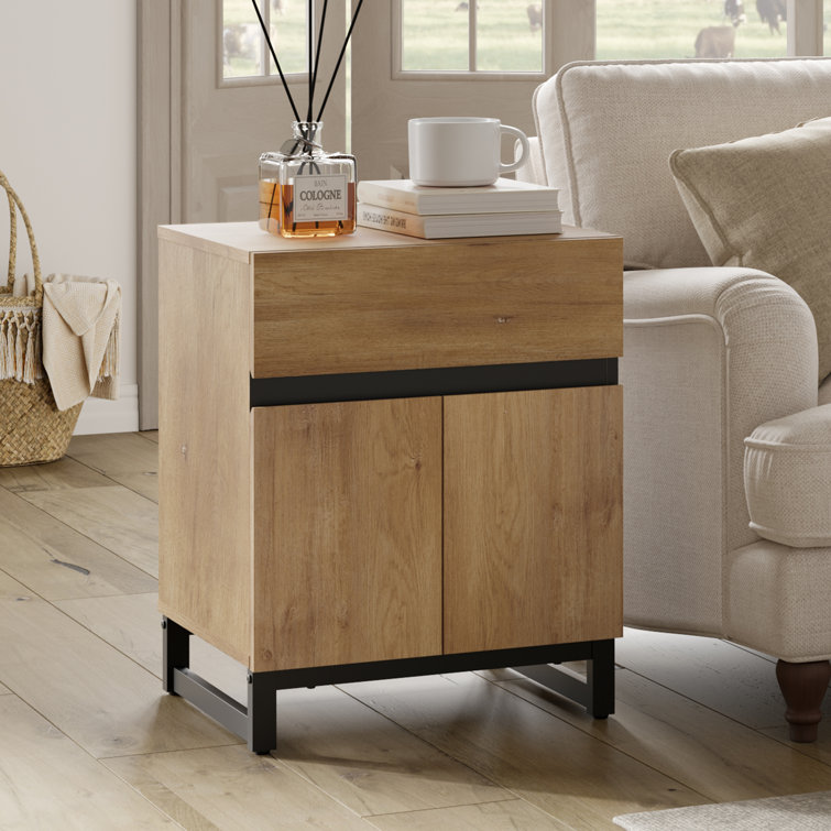 Oak and Black Wood End Table Set with Storage