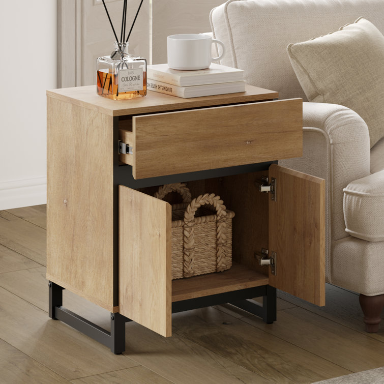 Oak and Black Wood End Table Set with Storage