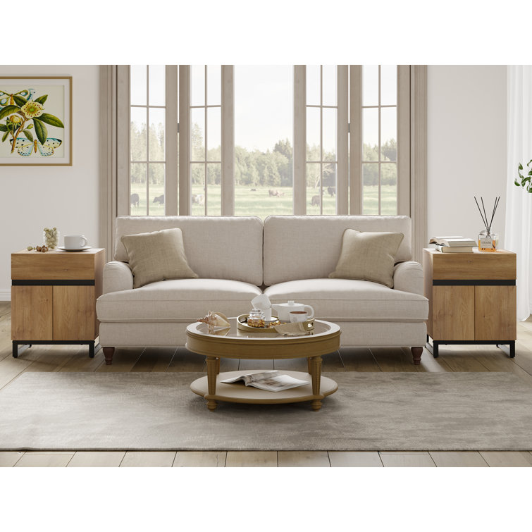Oak and Black Wood End Table Set with Storage