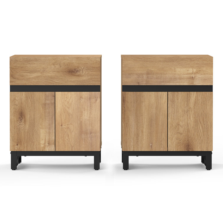 Oak and Black Wood End Table Set with Storage