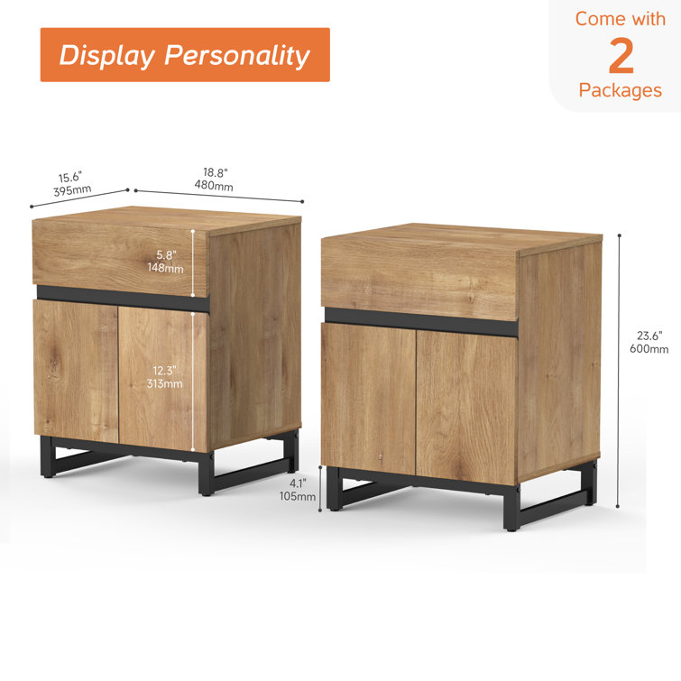 Oak and Black Wood End Table Set with Storage
