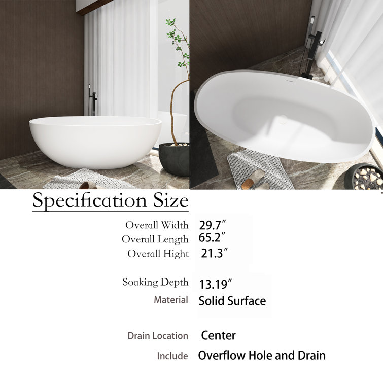 65-Inch Matte White Solid Surface Freestanding Soaking Bathtub
