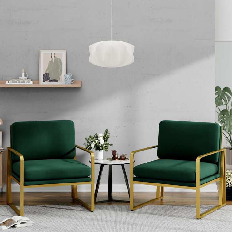 Green Velvet and Gold Metal Armchair Set of 2