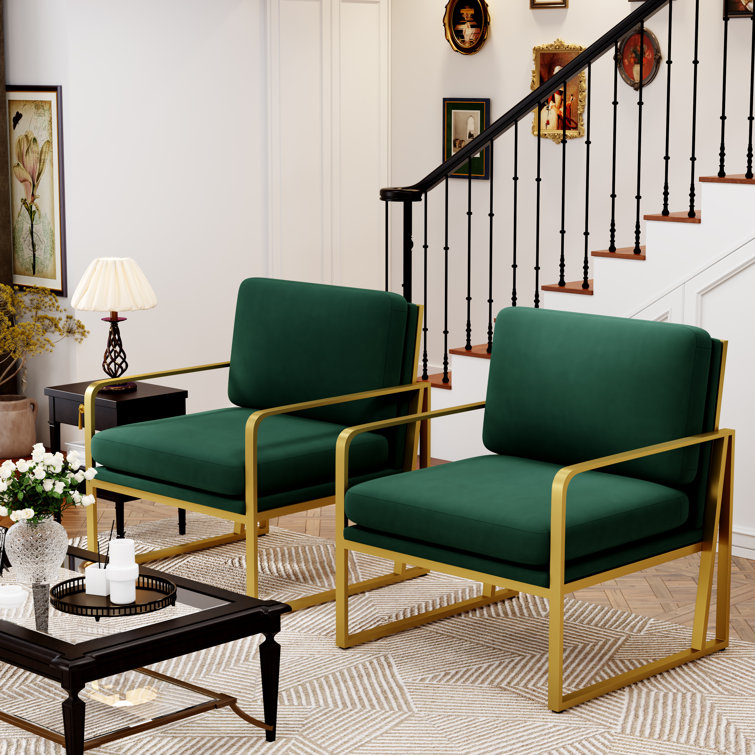 Green Velvet and Gold Metal Armchair Set of 2