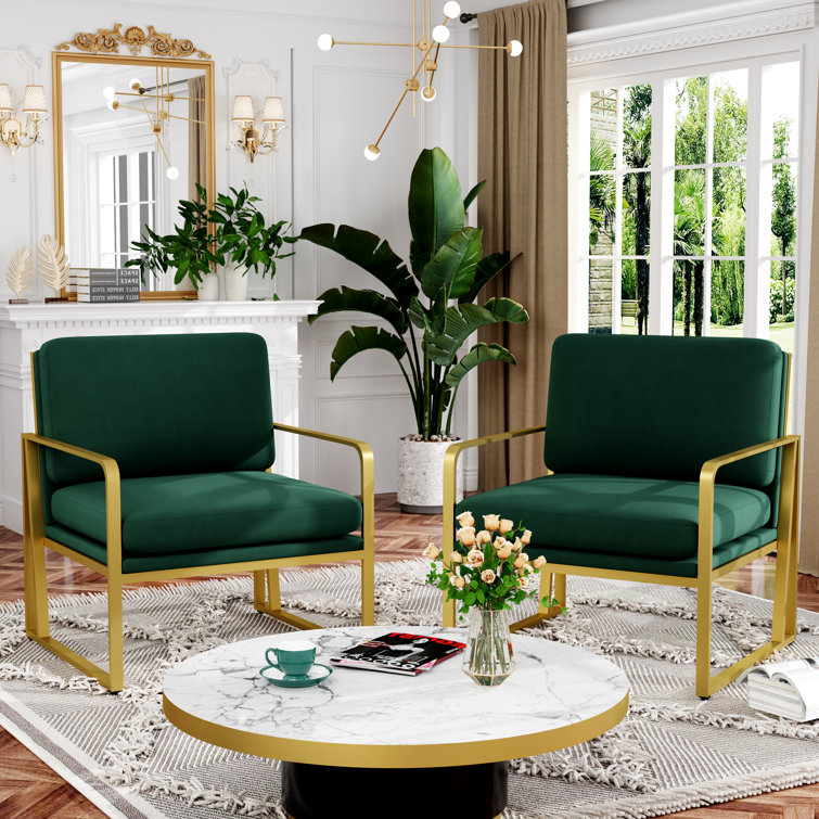 Green Velvet and Gold Metal Armchair Set of 2
