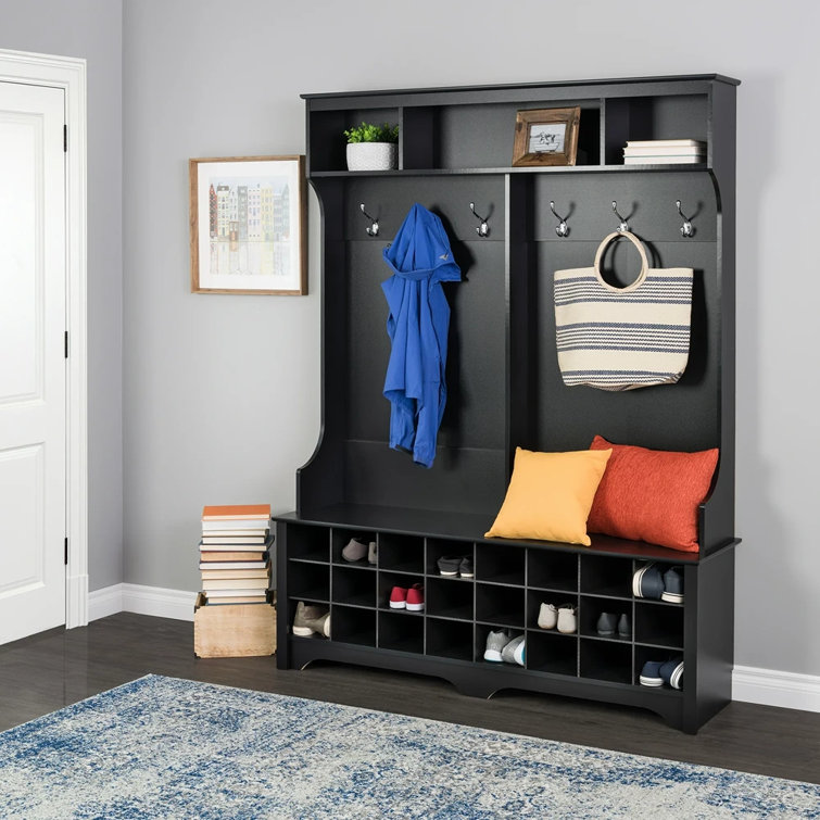 Black Wood Hall Tree with Bench and 24 Shoe Cubbies