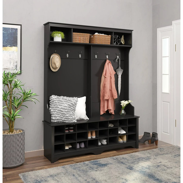 Black Wood Hall Tree with Bench and 24 Shoe Cubbies