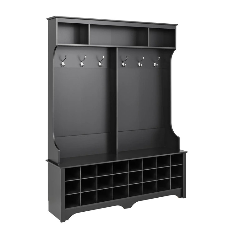 Black Wood Hall Tree with Bench and 24 Shoe Cubbies