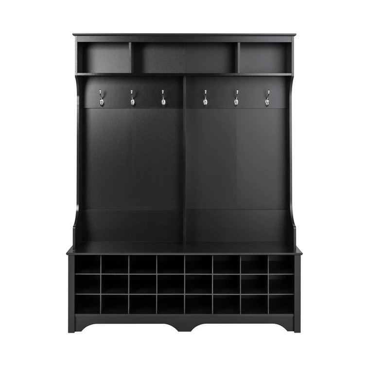 Black Wood Hall Tree with Bench and 24 Shoe Cubbies