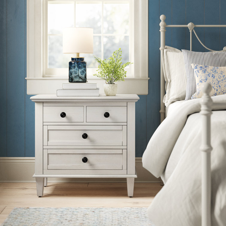 Whitewash Acacia Wood 3-Drawer Nightstand with Metal Knobs