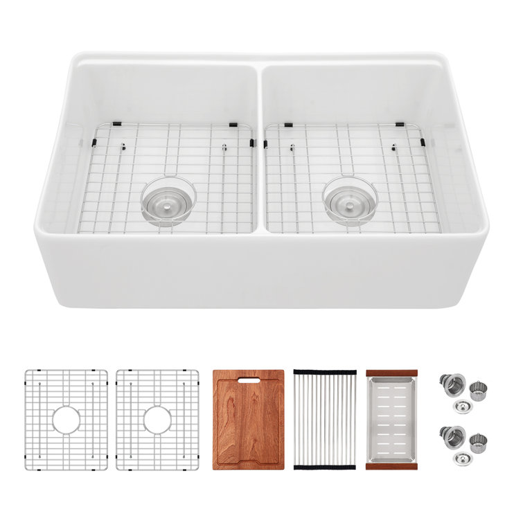 33'' White Ceramic Farmhouse Workstation Kitchen Sink with Accessories