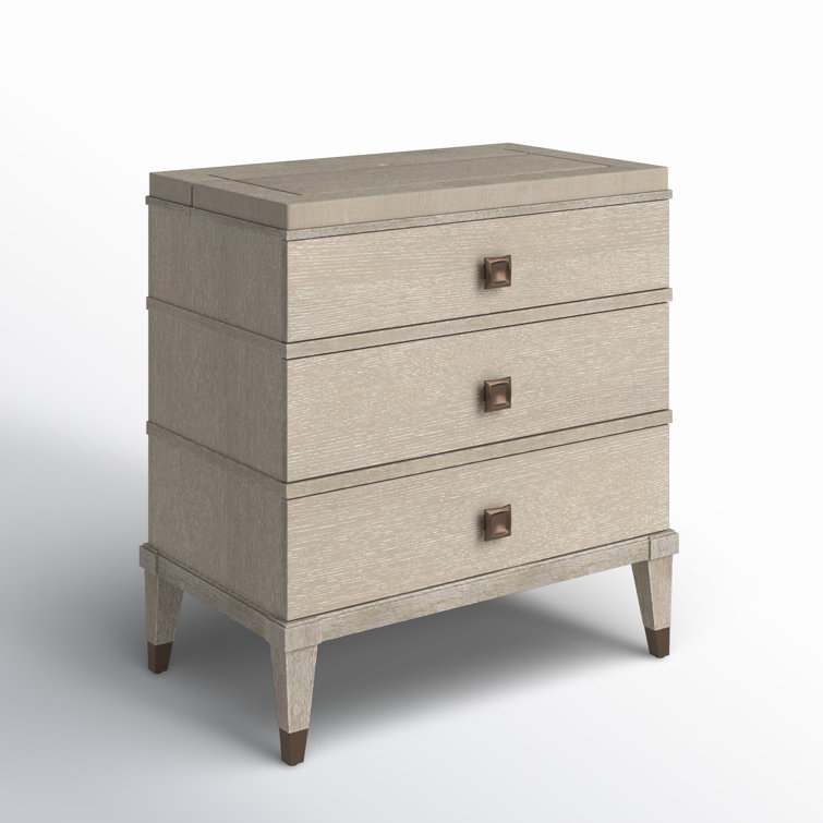 Transitional Brown Oak 3-Drawer Nightstand with Brass Accents