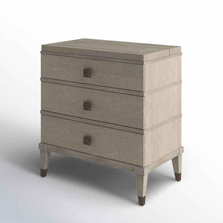 Transitional Brown Oak 3-Drawer Nightstand with Brass Accents