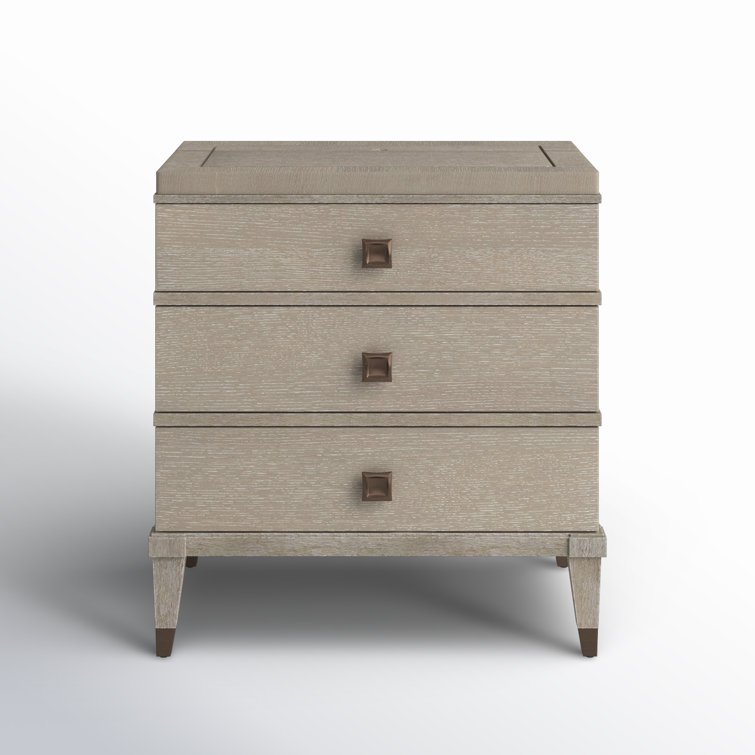 Transitional Brown Oak 3-Drawer Nightstand with Brass Accents
