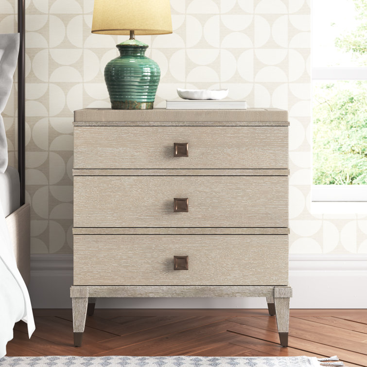 Transitional Brown Oak 3-Drawer Nightstand with Brass Accents
