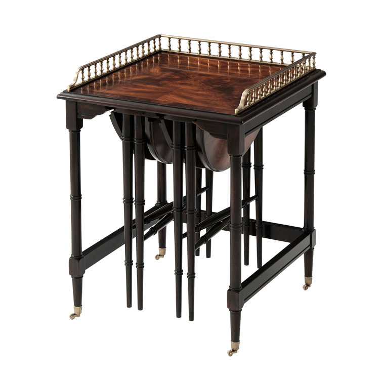 Mahogany Brown Solid Wood Nesting Tables with Brass Accents