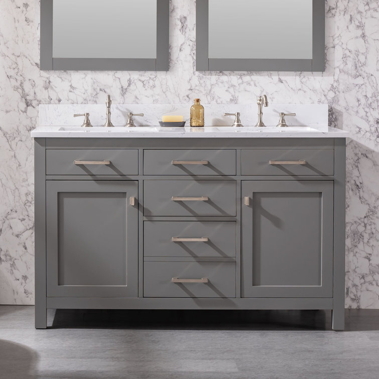 Gray and White 54'' Double Freestanding Bathroom Vanity with Engineered Stone Top