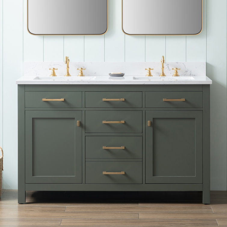 Vintage Green Double Vanity with Carrara White Top and Gold Hardware