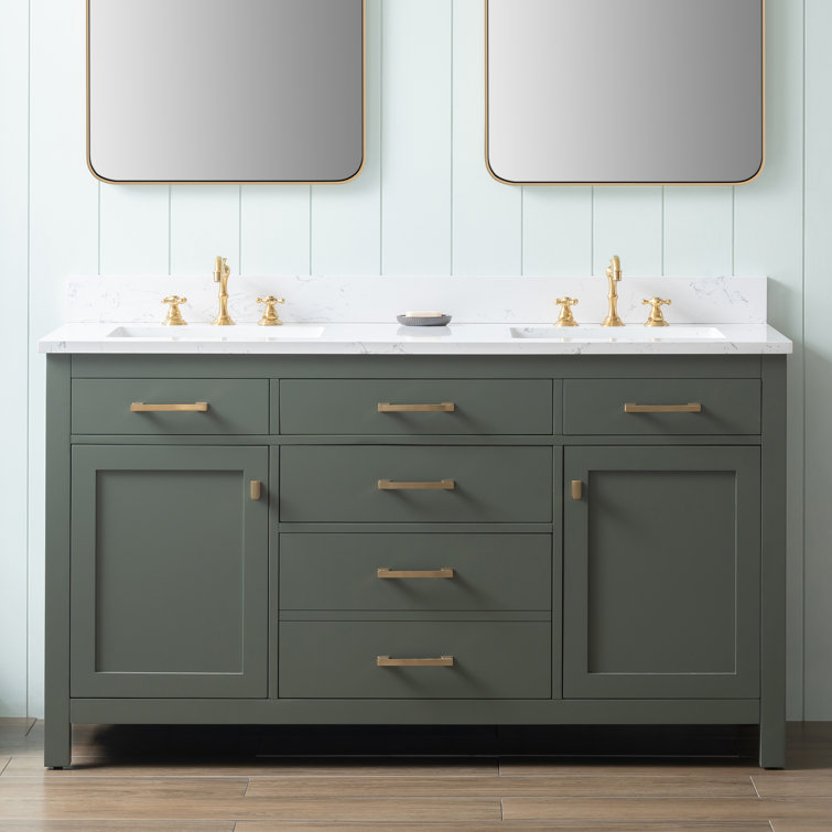 Vintage Green Solid Wood Double Vanity with Carrara White Top