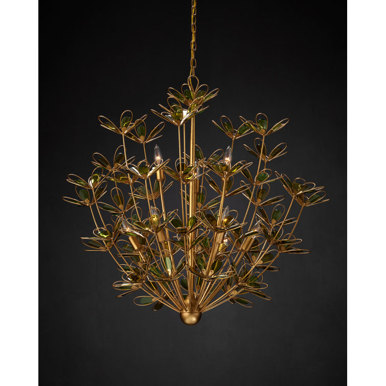 Midsummer Gold Leaf and Green Glass 9-Light Chandelier