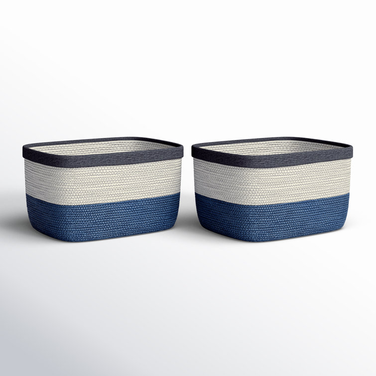 Ayden Natural and Blue Fabric Rectangular Storage Baskets, Set of 2