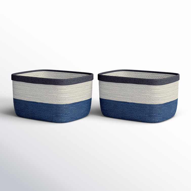 Ayden Natural and Blue Fabric Rectangular Storage Baskets, Set of 2