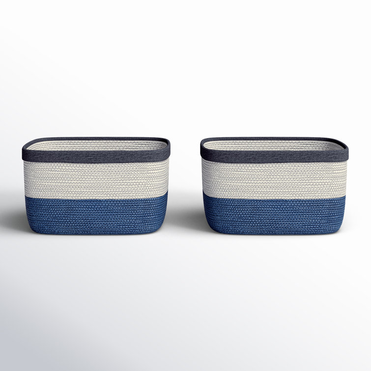 Ayden Natural and Blue Fabric Rectangular Storage Baskets, Set of 2