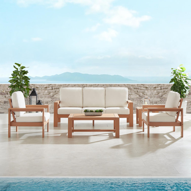 Madrid 5-Person Outdoor Seating Group with White Cushions and Wooden Frame