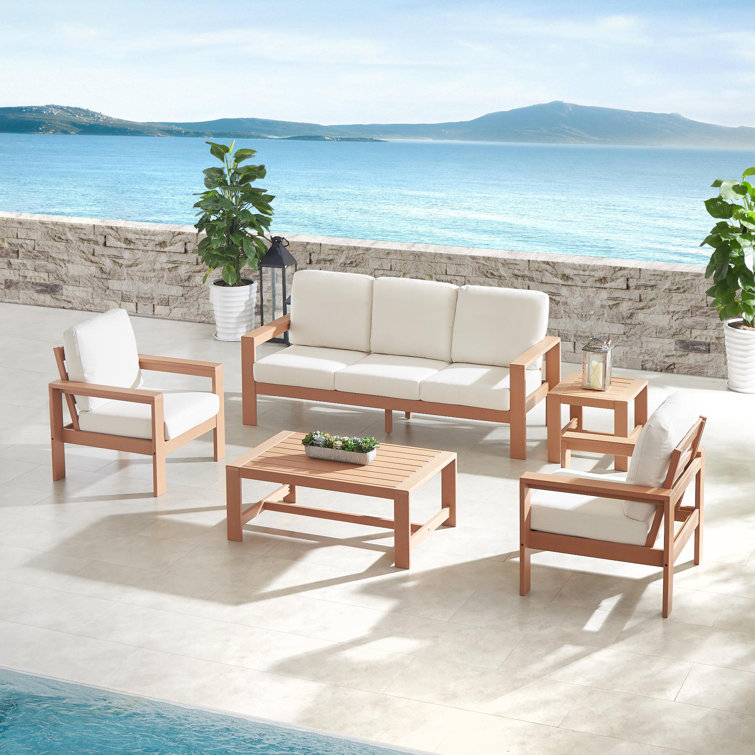 Madrid 5-Person Outdoor Seating Group with White Cushions and Wooden Frame