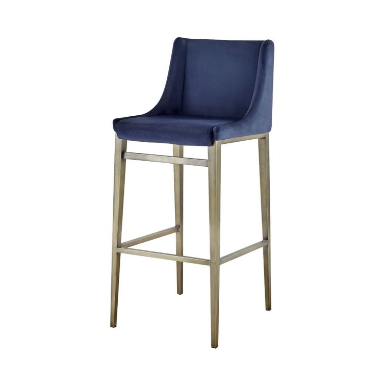 Elegant Blue Velvet Wingback 30.7" Bar Stool with Antique Brass Frame