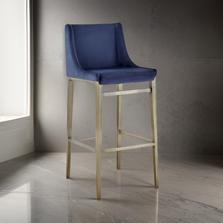 Elegant Blue Velvet Wingback 30.7" Bar Stool with Antique Brass Frame