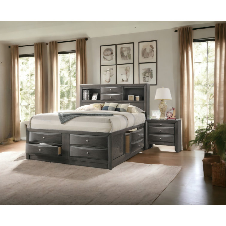 Gray Oak Full Double Captain's Bed with Bookcase and Storage