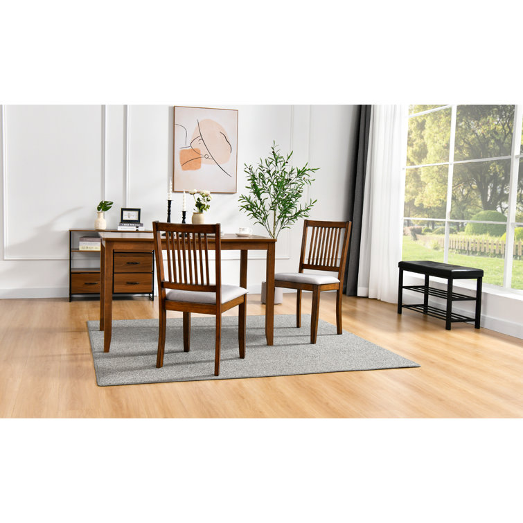 Rustic Walnut Slat Back Upholstered Linen Dining Chair