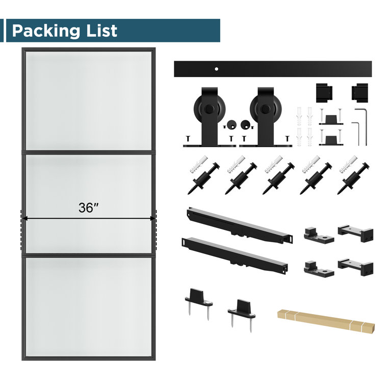 Black Aluminum and Frosted Glass Sliding Barn Door with Installation Kit